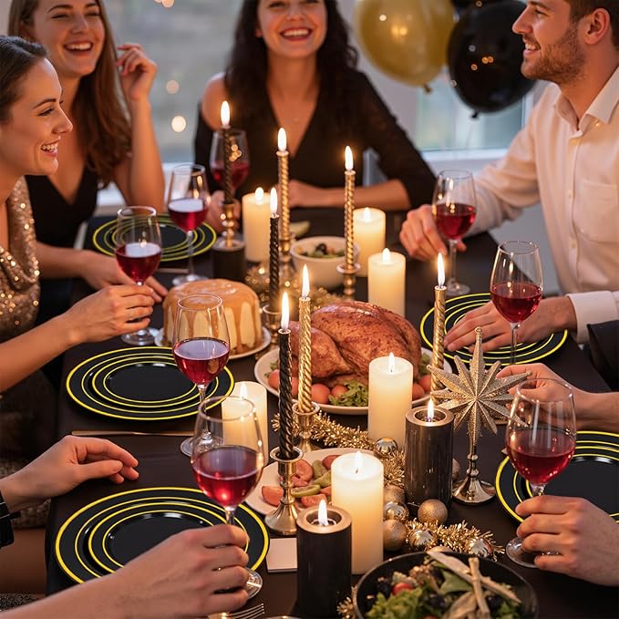 WDF 200PCS Black and Gold Plastic Plates - Black Plates Disposable for Party - Heavy Duty Plastic Plate for Graduation Wedding Party Birthday