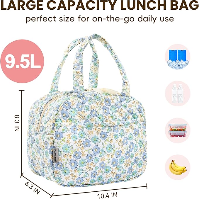 Quilted Lunch Box for Women,Coquette Aesthetic Lunch Box for Teen Girls,Cute Floral Lunch Bags for Work, School,Office,Picnic,Travel (green blue floral)
