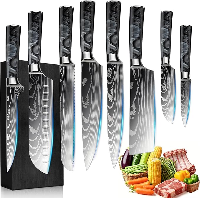 8-Piece Premium Japanese Kitchen Knife Set - Imperial Collection, Laser Damascus Pattern, 440A Stainless Steel Ultra Sharp for Fast Cutting (Black 8J)