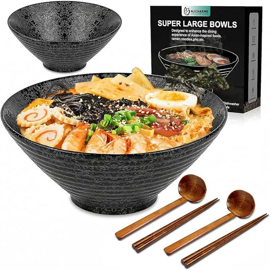 NJCHARMS Ceramic Ramen Bowl Set of 2, 60 oz Japanese Noodle Soup Bowls with Spoons and Chopsticks for Ramen Soup Pho Udon Asian Noodles, Large Noodle Bowls