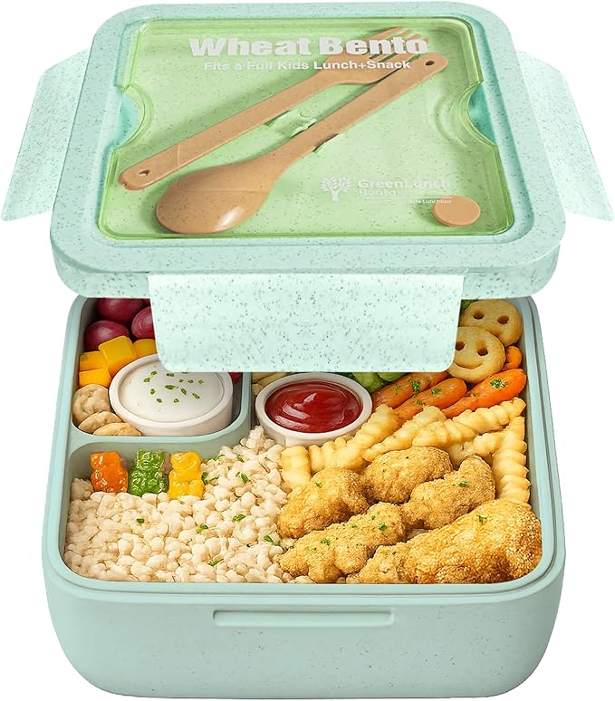 Lunch Box for Kids, Large 2-Compartment, Durable and Microwave Safe, BPA-Free with Utensils, Wheat Straw Bento Box for Kids – Green