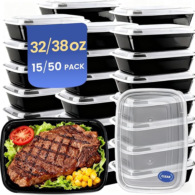50 Pack 32 oz Meal Prep Leftover Containers Reusable BPA Free, Disposable Food Containers with Lids, To-Go Food Containers Leakproof Airtight, Microwave & Freezer Safe