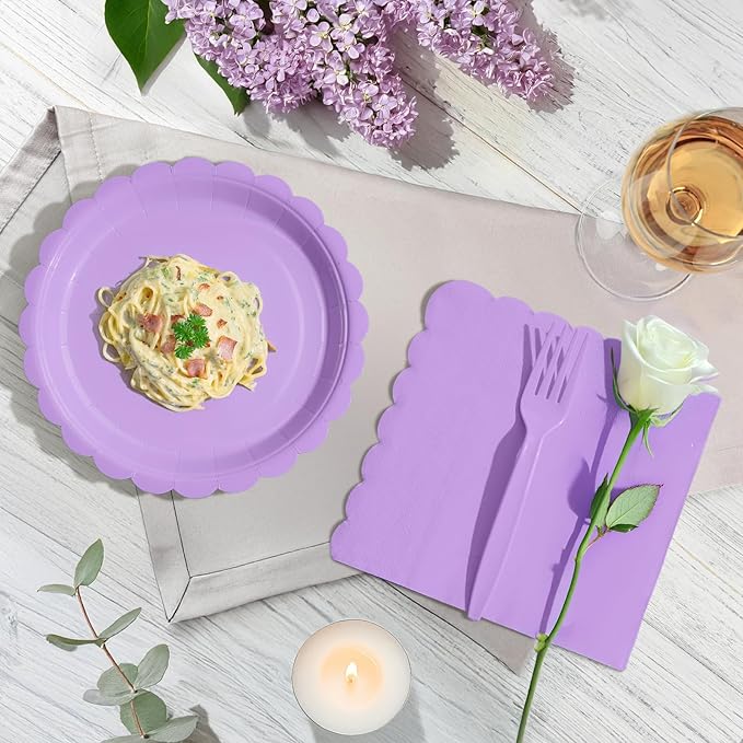 105PCS Paper Plates and Napkins Set,7 Inch Scalloped Disposable Tableware with Forks for Birthdays, Garden Parties & Outdoor Events,Serves 35 (Light Purple)