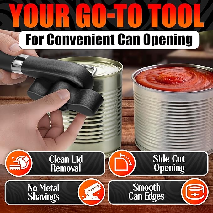 Can Opener Smooth Edge Side Cut – Stainless Steel Manual Can Opener with Ergonomic Handle, Handheld Can Openers for All Can Sizes, No Sharp Edges, Reusable Lid, Easy Turn Knob for Everyday Kitchen Use