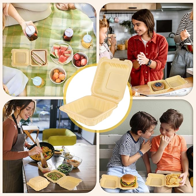 6x6in Compostable To Go Food Containers, 50Pack Bamboo-Powder Clamshell Take Out Containers, Heavy Duty Hinged To Go Boxes with Secure Snap Lid for Catering Pasta Salad Sandwich