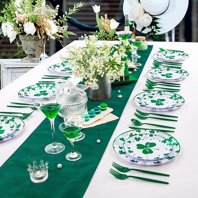 Rubtlamp 60Pcs Plastic Green Plates,St Patricks Day Plates with Green Trefoil and Lucky Alphabet, Green Disposable Plates include 30 Plastic White Dinner Plates and 30 Salad Plates for Spring