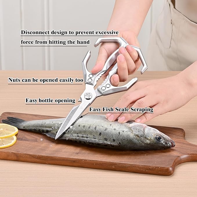 Kitchen Shears, stainless steel Sharp Kitchen scissors Dishwasher Safe, Gadgets Cooking Shears for Meat, Chicken Fish Poultry Herb Bread for Food Multi-function for home use (silver)