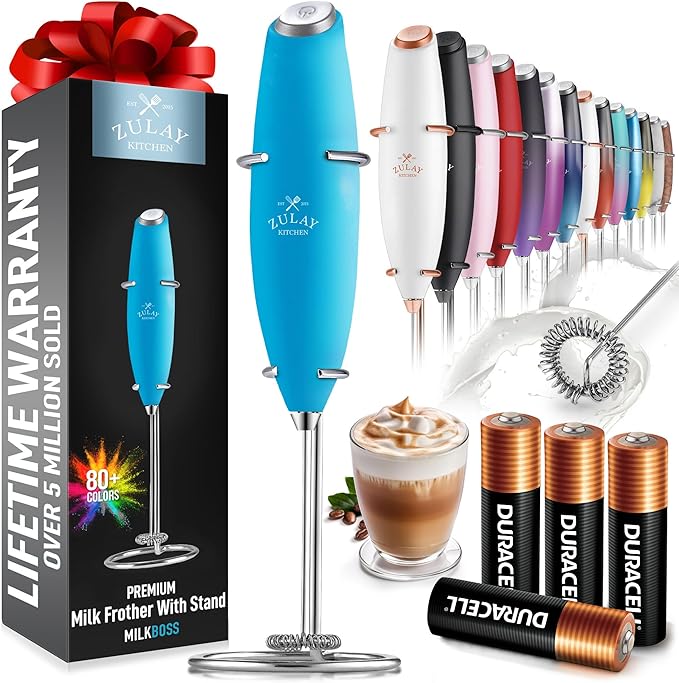 Zulay Powerful Milk Frother Handheld Foam Maker for Lattes - Whisk Drink Mixer for Coffee, Mini Foamer for Cappuccino, Frappe, Matcha, Hot Chocolate by Milk Boss (Teal)