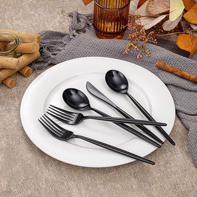 Rubtlamp 90Pcs Plastic Black Silverware, Graduation Disposable Cutlery, Utensils Heavy Duty include 30 Disposable Knives,60 plastic Forks and Spoons, Black Cutlery For Graduation Party