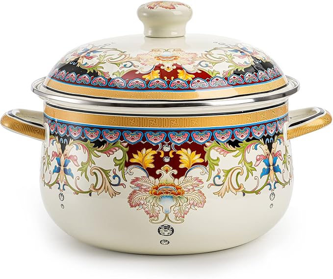 ZENFUN Kitchen Enamel Stockpot with Lid, 4.5 Quart Retro Flower Stew Bean Cooking Pot, Vintage Thicken Soup Pot with Handles, Nonstick, Safe for Induction Cookers, Gas Stove