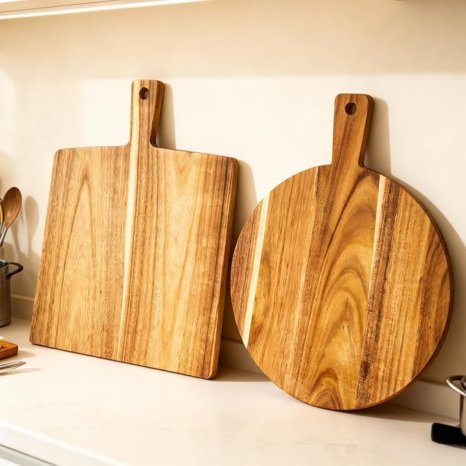 Large Acacia Wood Cutting Board with Handle 17''X13'', Charcuterie Board, Serving Board, Chopping Board for Meat, Cheese, Bread, Vegetables & Fruits (Round)