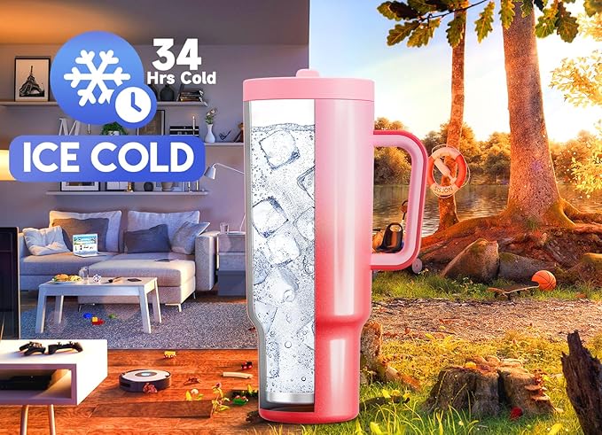 Meoky 40 oz Tumbler with Handle and Flip Straw, 100% Leakproof Tumbler with Lid and Straw, Stainless Steel Insulated Cup, Cupholder Friendly, Keeps Cold for 34 Hours (Flamingo)