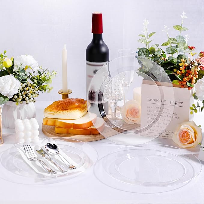 50PCS Clear Plastic Plates, Disposable Dinnerware for 25 Guests, Include 10.25 inch & 7.5 inch Dinner & Dessert Plates for Party, Wedding and Graduation