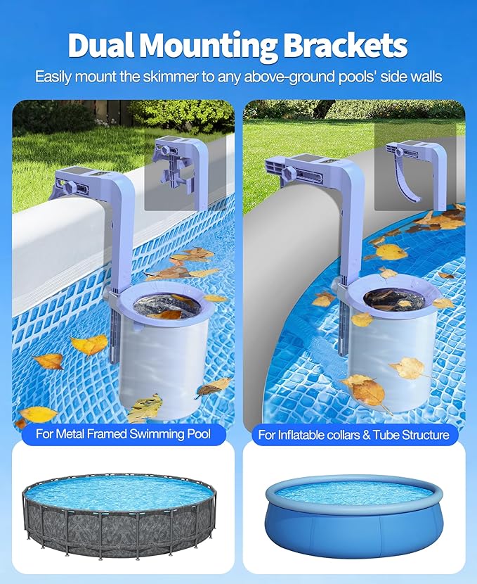 Newly Above Ground Pool Skimmer with Solar Digital Thermometer, Wall Mount Surface Skimmer with Adjustable Height Bracket, Auto Skimming for Pool Surface Floating Leaves & Debris-Lavender