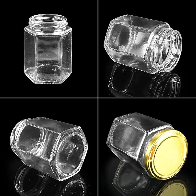 Betrome 30 Pack 6oz Hexagon Glass Jars with Gold Lids, 180ml Clear Glass Canning Jars Honey Jars Spice Jars Mason Jars for Jams, Shower Favors, Wedding Favors, Craft, 1 Pen and Labels Included