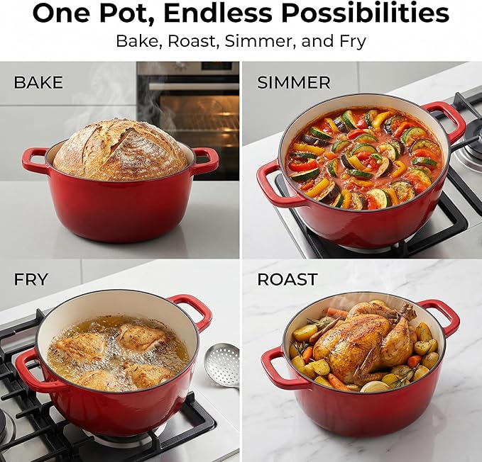 5QT Enamel Cast Iron Dutch Oven with Lid,Dual Handles,Versatile Heavy-Duty Non-toxic Cookware for Sourdough Bread Baking,Braising,Stews,Roasting,Oven Safe up to 500°F red
