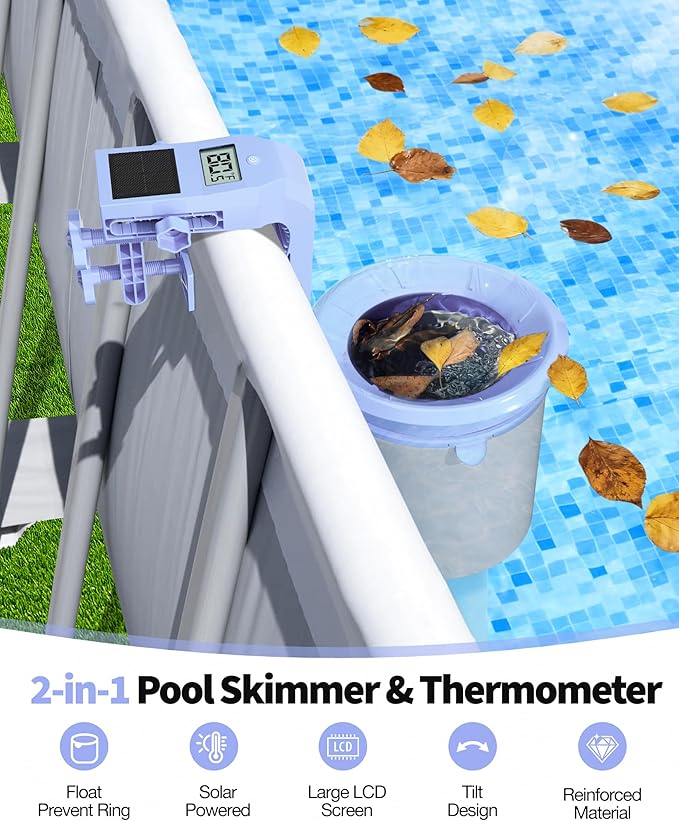 Newly Above Ground Pool Skimmer with Solar Digital Thermometer, Wall Mount Surface Skimmer with Adjustable Height Bracket, Auto Skimming for Pool Surface Floating Leaves & Debris-Lavender