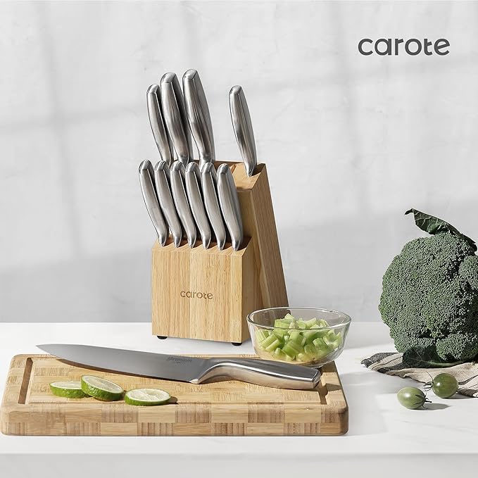 CAROTE 12-Piece Knife Set, All-Stainless Steel Knife Block Set, Kitchen Knives with Wooden Block, Razor-Sharp and Ergonomic, Easy Cleaning