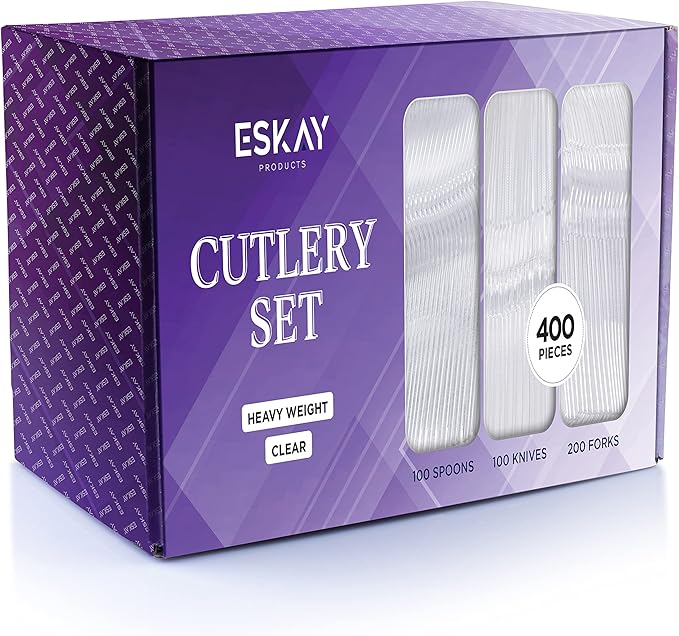 Heavy Weight Plastic Silverware Set - 200 Plastic Forks, 100 Plastic Knives, 100 Plastic Spoons Disposable Cutlery Combo Set (Clear)