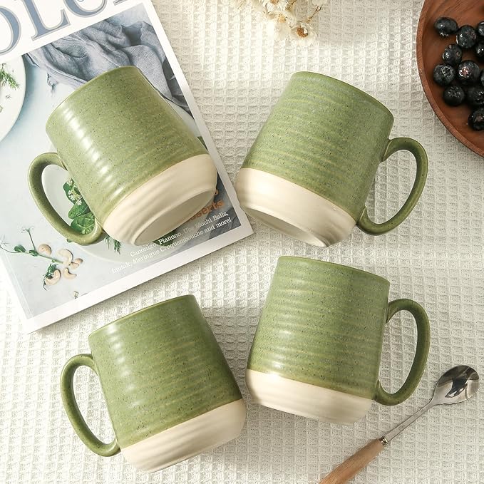 HASENSE Coffee Mugs, 15oz Ceramic Coffee Mugs Set of 6, Large Coffee Cups with Handle for Cocoa, Latte, Tea and Hot Chocolate, Coffee Mugs for Men and Women, Microwave and Dishwasher Safe, Green