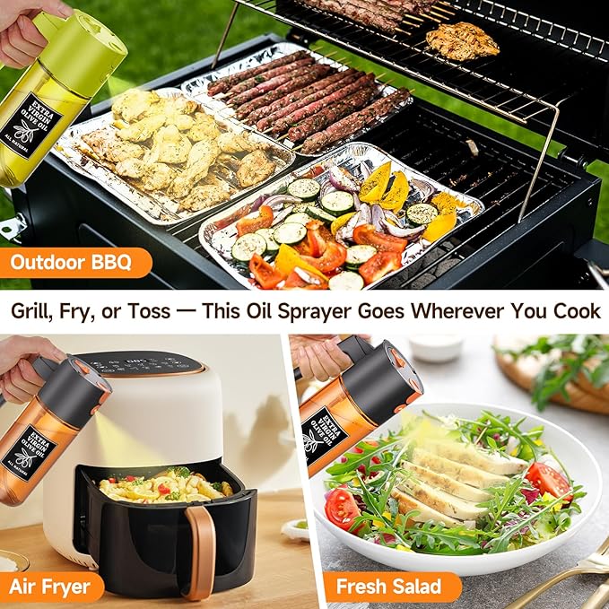Olive Oil Sprayer for Cooking 2 Pack, Oil Sprayer Set with Fine Mist Oil Mister, Spray & Pour Oil Dispenser and Sprayer for Kitchen and Air Fryer, Ideal for Olive Oil and Vinegar, Family Cooking Use