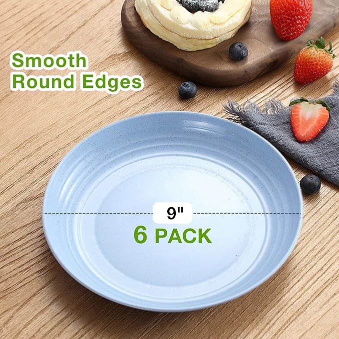 MFACOY 6 PACK Unbreakable Wheat Straw Plates, 9 Inch, Lightweight & Reusable, Dishwasher & Microwave Safe, Kids to Adult