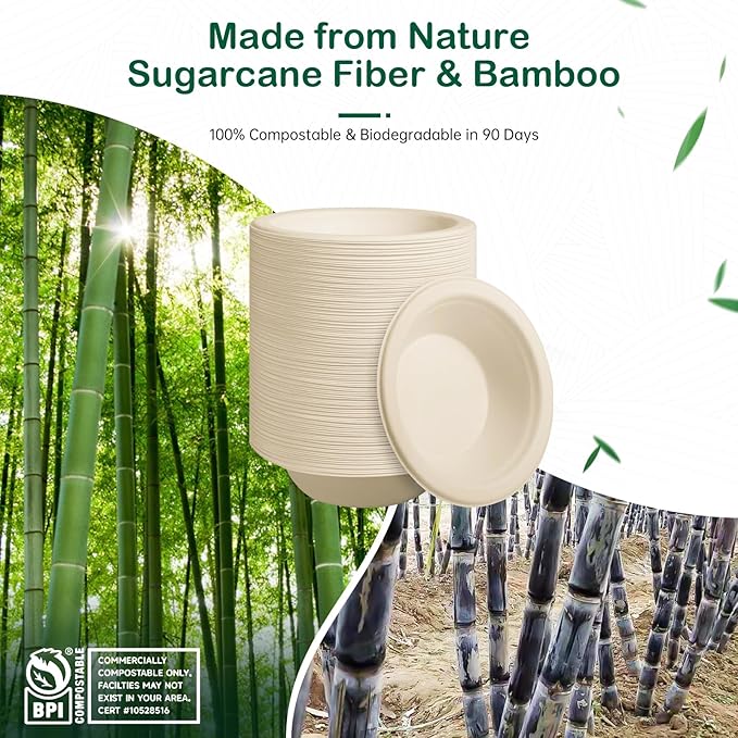 12 oz 128-Pack Compostable Soup Bowls, Disposable Paper Bowls for Soup, Cereal & Oatmeal, Heavy-Duty Bagasse Bowls, Microwave & Freezer Safe, Eco-Friendly (Natural)
