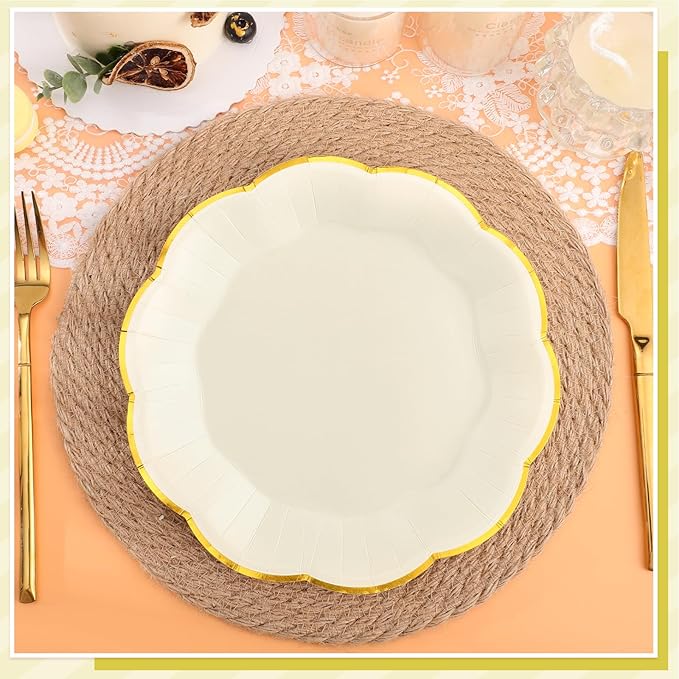 30 Pcs White and Gold Paper Plates, 9 Inch Cream Paper Plates Ivory Plate with Gold Trim Scalloped Wedding Plate for Baby Shower, Wedding, Birthday, Tea Party