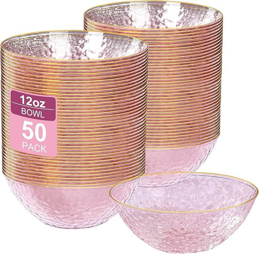 I00000 50 Pack 12 Ounce Pink Plastic Bowls Serving Bowls Hammered Clear Bowl with Gold Rimmed, Heavy Duty Disposable Bowl Set,Small Bowls for Wedding Party