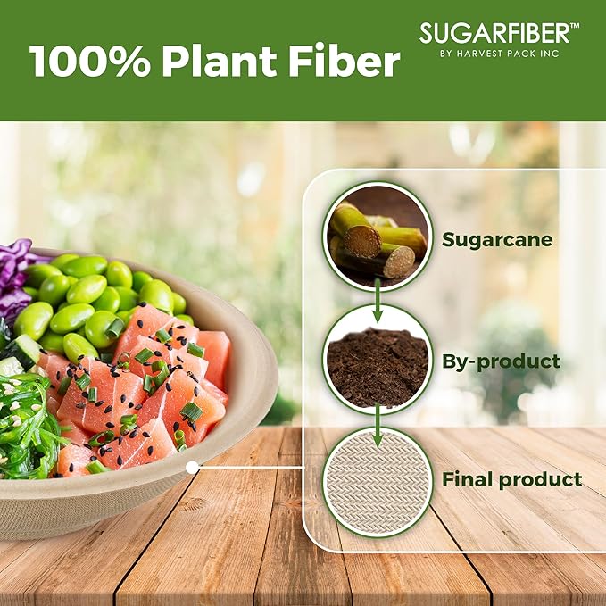 [1000 Count]Sugarfiber by Harvest 22oz Round Compostable Bowls PFAS Free with PLA coating, Heavy-Duty Eco-Friendly Disposable Bagasse Bowl, Sugarcane made plant fibers for Meal Prep