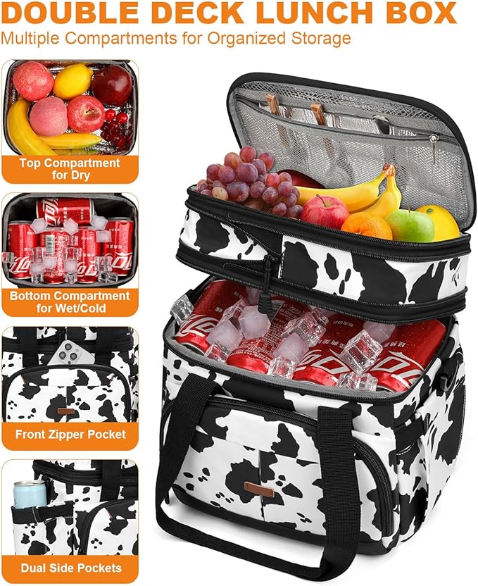 Lunch Box For Men Women Double Deck Insulated Lunch Bag For Men Woman Leakproof Expandable Cooler Bag with Adjustable Shoulder Strap for Kids Shool Work Picnic Camping(Cow Print,Large)