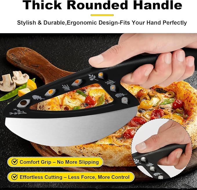 2-in-1 Pizza Cutter Rocker Blade with Herb Stripper Holes, Sharp Stainless Steel Pizza Knife with Protective Cover, Dishwasher Safe,Herb Stripping Tool for Basil,Rosemary