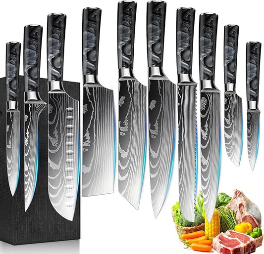 10-Piece Premium Japanese Kitchen Knife Set - Imperial Collection, Laser Damascus Pattern, 440A Stainless Steel Ultra Sharp for Fast Cutting