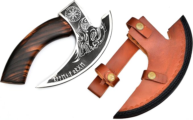 Handmade 11” Pizza Cutter, 10” Cutting Blade with Carbon Steel, Leather Sheath, Skull Design, Viking Style Pizza Cutter Design. Multi-Purpose Cutter… (Dark Wood Handle)