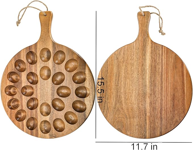 Okllen 24 Holes Round Acacia Wood Deviled Egg Platter with Handle, Deviled Egg Tray Holder for Easter, Gathering, Thanksgiving & Parties