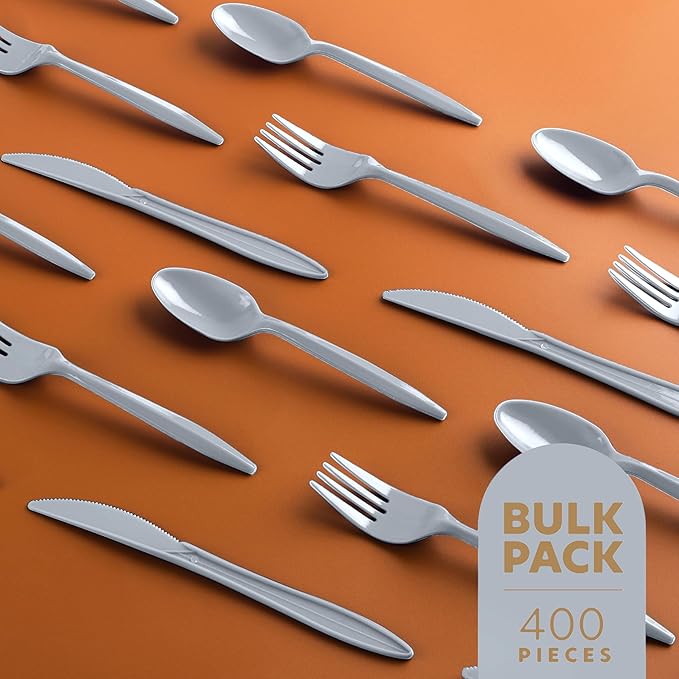 PLASTICPRO 400 Pack Disposable Plastic Utensils Assorted Colored Cutlery Combo Set Forks Spoons Knives Silverware, Silver Plastic Cutlery for Parties