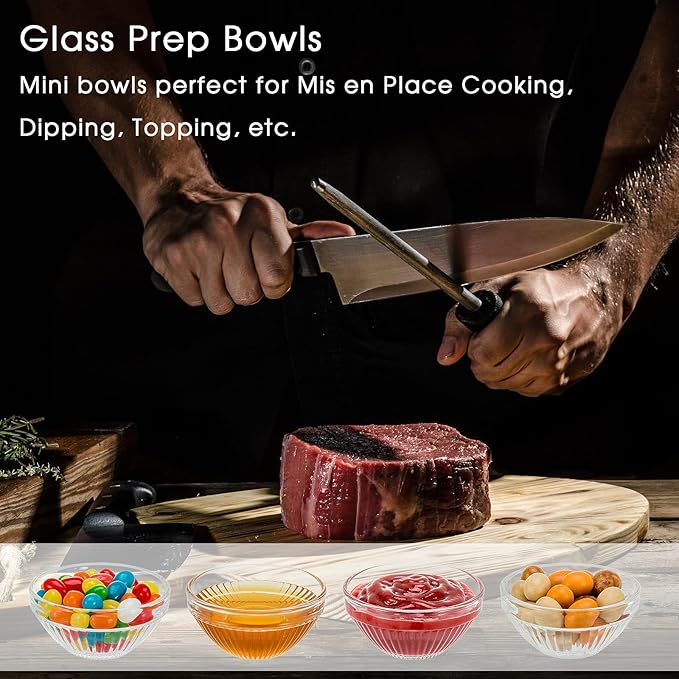 10 Set Mini Glass Prep Bowls, 2.5oz Ribbed Small Bowls Stackable Ingredient Dishes Clear Ramekins Pinch Bowl for Measuring Spices Dipping Sauces