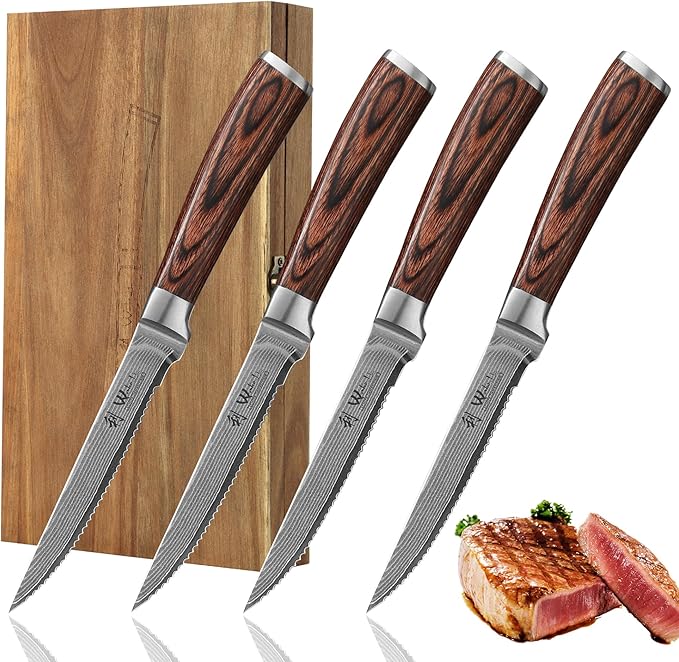 Wakoli EDIB 4-Piece Damascus Steak Knife Set – Professional Dining Kitchen Knives with VG10 Core Blades, 67-Layer Damascus Steel & Ergonomic Pakkawood Handles – Premium Steak Cutlery in Gift Box