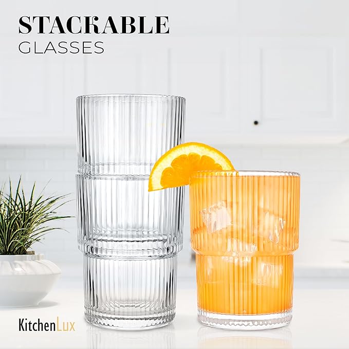 Ribbed Drinking Glasses - Ribbed Glass Cups 15 oz - Ribbed Glassware Set of 6 - Textured Vintage Retro Ripple Aesthetic Glass Ware for Whiskey Cocktail Beer Water, Coffee Bar Accessories