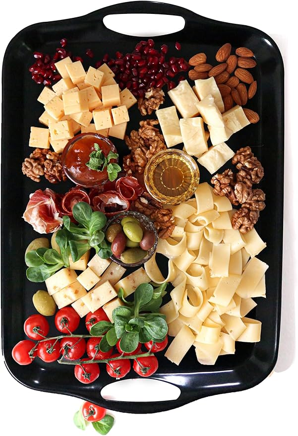 KAQAHIDO Large Melamine Serving Trays for Eating, 17.5’’ x 12’’ Serve Platter for Appetizer, Charcuterie, Food, Snack, Cupcakes, Dessert, BPA-Free, Dishwasher Safe Tray, Set of 2, Black
