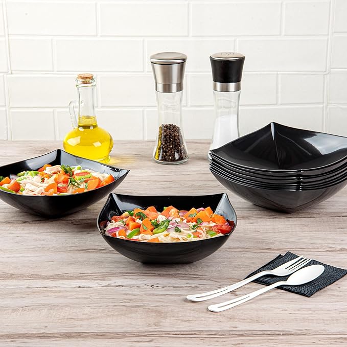 Restaurantware Moderna 32 Ounce Fancy Plastic Bowls 10 Square Disposable Salad Bowls - Durable Heavy-duty Black Plastic Bowls For Warm And Cold Foods