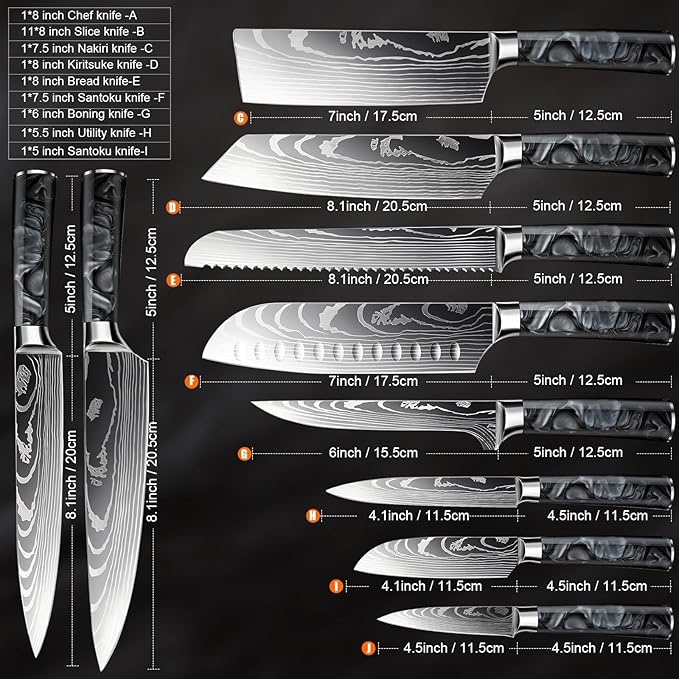 8-Piece Premium Japanese Kitchen Knife Set - Imperial Collection, Laser Damascus Pattern, 440A Stainless Steel Ultra Sharp for Fast Cutting (Black 8J)
