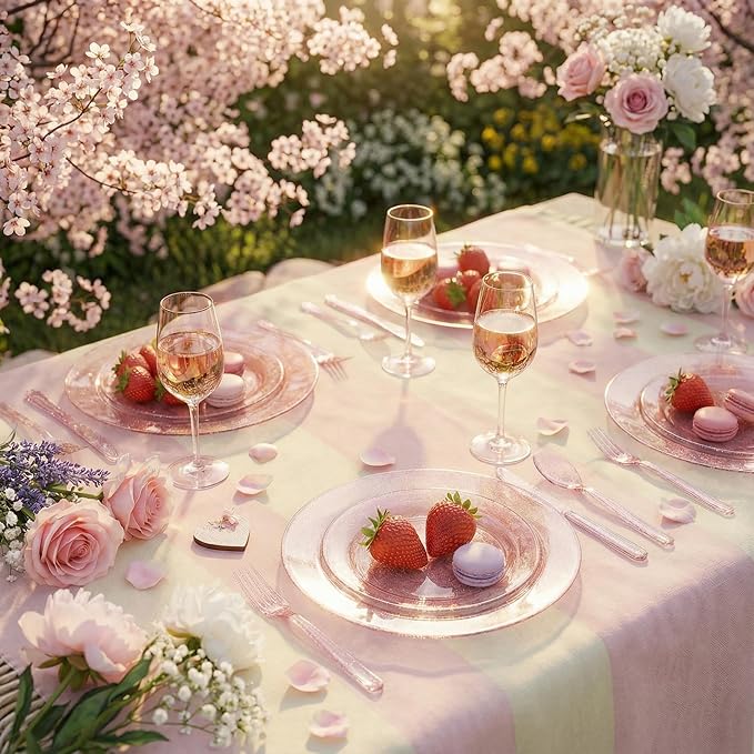 WDF 120pcs Pink Plastic Plates Disposable - Clear Pink Glitter Plates including 60PCS Dinner Plates 10.25inch and 60PCS Salad Plates 7.5inch for Wedding Baby Shower Spring Birthday