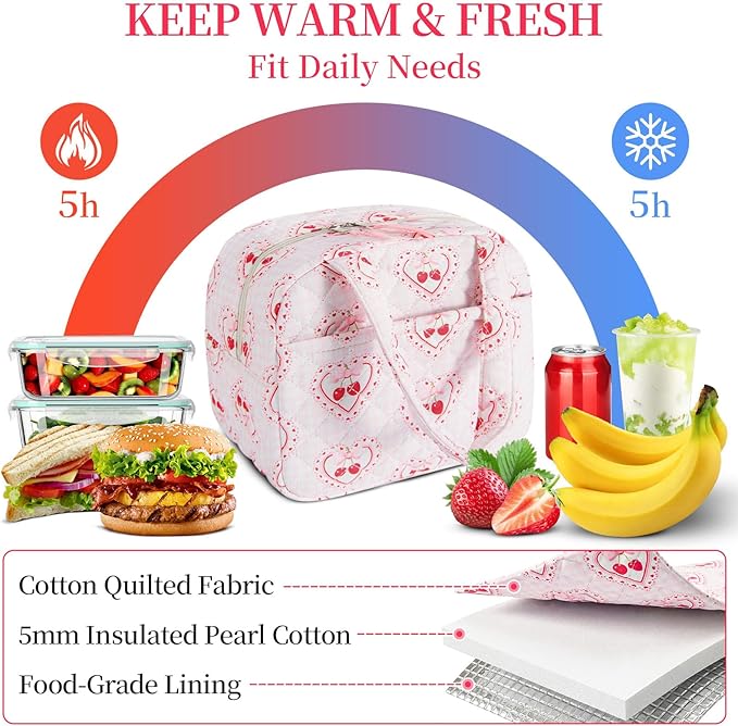 Quilted Lunch Box for Women,Coquette Aesthetic Lunch Box for Teen Girls,Cute Cherry Lunch Bags for Work, School,Office,Picnic,Travel (Cherry Plaid Heart)