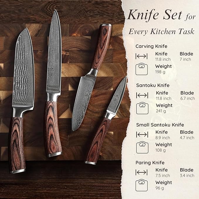 Wakoli EDIB 4-Piece Damascus Knife Set – Professional Chef Knives Set with VG10 Core Blades, 67-Layer Damascus Steel and Ergonomic Pakkawood Handles – Premium Kitchen Knives in Elegant Gift Box