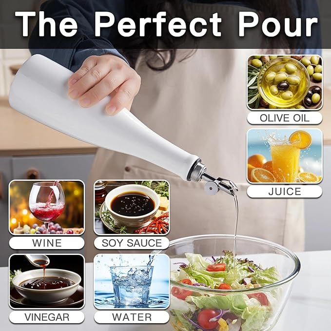 YOLIFE Olive Oil Dispenser Bottle, 20oz Ceramic Oil Dispenser for Kitchen, Oil Bottle with Gravity Spout, Leak Proof EVOO Dispensing Bottle with 2 Spouts and 1 Funnel for Vinegar, Juice(White)