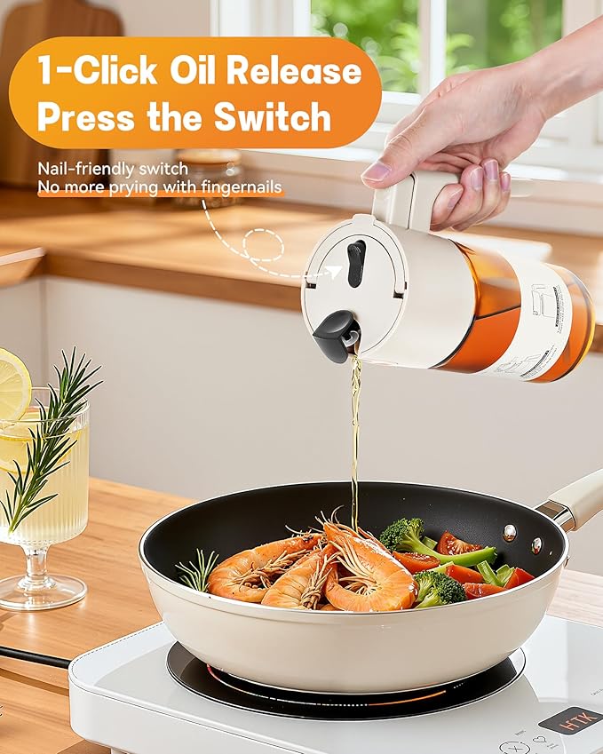 Upgrade 2 in 1 Oil Sprayer for Cooking, 17oz Light-Blocking Glass Olive Oil Dispenser Bottle for Kitchen,Food-Grade Oil Mister with 8 Stickers for Salad, Frying (Brown Bottle-White Cap)