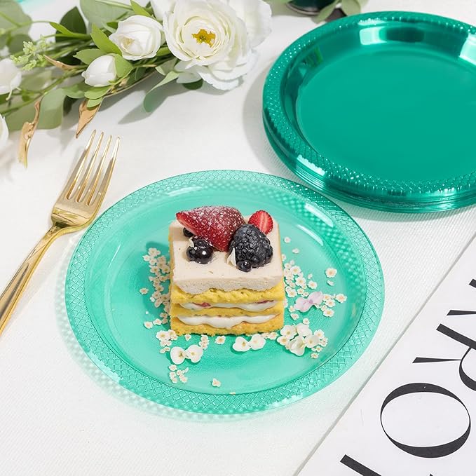 WELLIFE Teal Plastic Party Plates 7 Inch -150 Count, Translucent Green Disposable Dessert Neon Plates for Christmas Party St. Patrick's Day Easter Cake Salad Appetizers