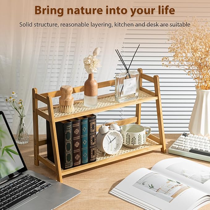 1 Pcs 2 Tier Matcha Station Shelf Bamboo Coffee Mug Stand Countertop Storage Rack, Double Layer Rattan Office Cup, Kitchen, Tea, Plant, Bar Accessories Condiment Display (Wood,17.7 Inch)