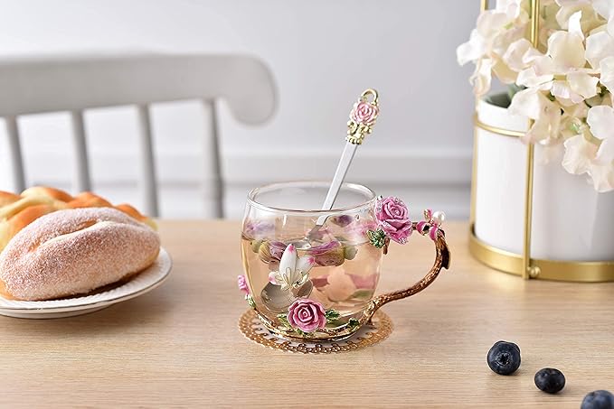 SUQ I OME Enamel Rose and Butterfly Flower Glass Tea Cup, Birthday Gifts For Women,Wife, Friend for Valentines Wedding, Pink Rose,11oz